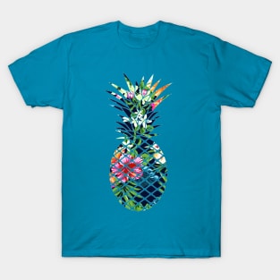 Tropical Geometric Pineapple Dark Blue Floral T-Shirt